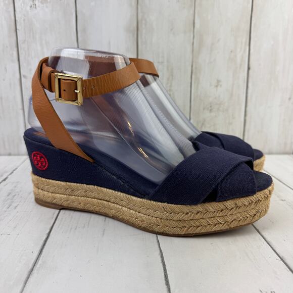 Tory Burch Navy Karissa Leather & Canvas Espadrille Wedge Sandal Size 8.5B - Picture 1 of 14
